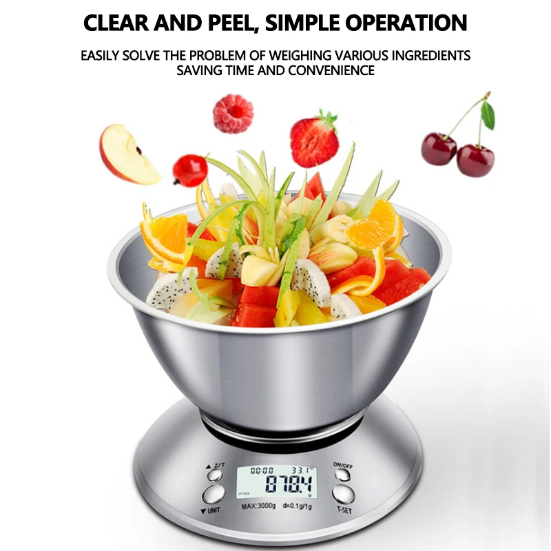 5kg/1g Digital Kitchen Scale Stainless Steel Food Libra Weight Sensor LCD Electronic Kitchen Scales Weight Sensor Bowl With Bowl