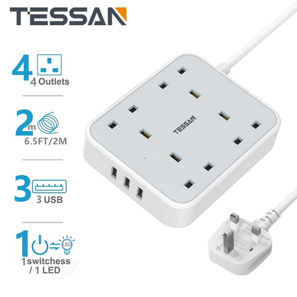 

TESSAN Multiple Plug Power Strip with Switch 4 Way Outlets & 3 USB Ports (2.4A), UK Plug Extension Socket with 2M Cable for Home