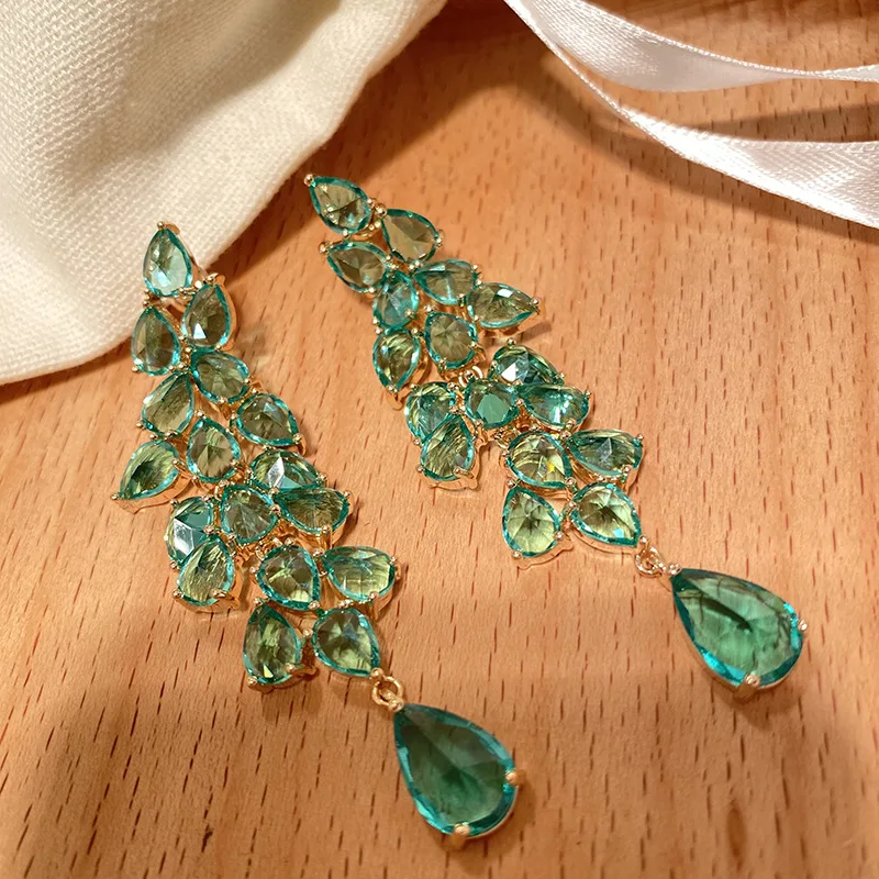 

New Luxury Trendy Green Water Drop Zircon Drop Earrings For Women Gold Color Female Jewelry Wedding Engagement Party Gifts