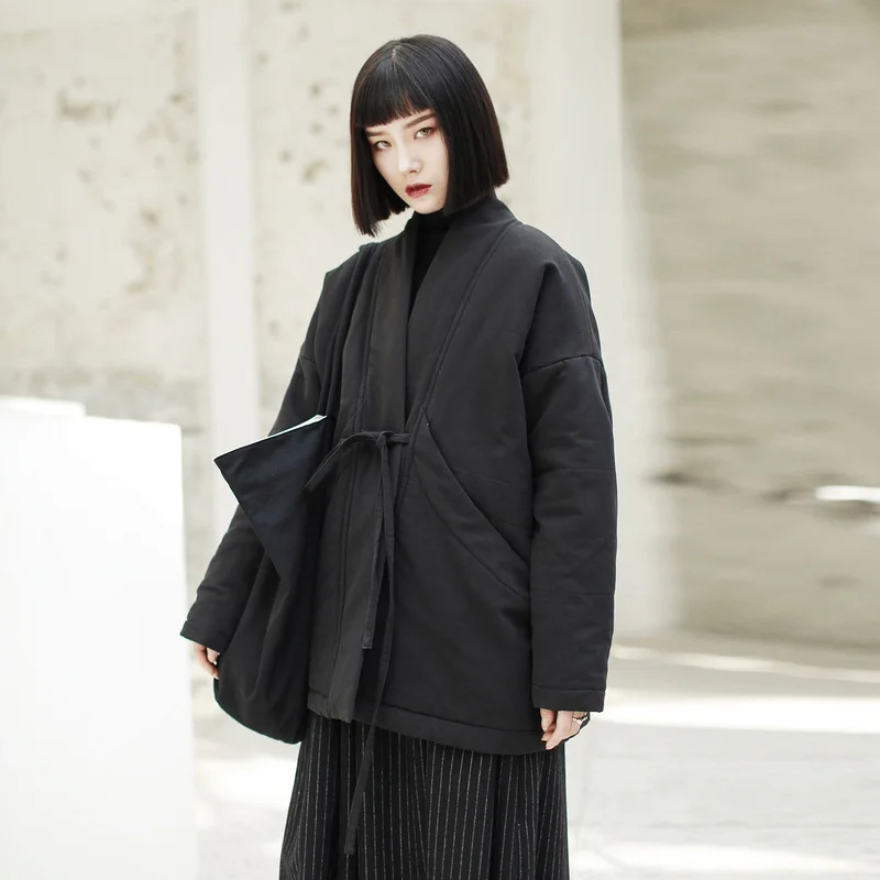 

Женское короткое пальто с хлопковой подкладкой, черное Свободное пальто большого размера с V-образным вырезом и длинным рукавом, новинка ве...