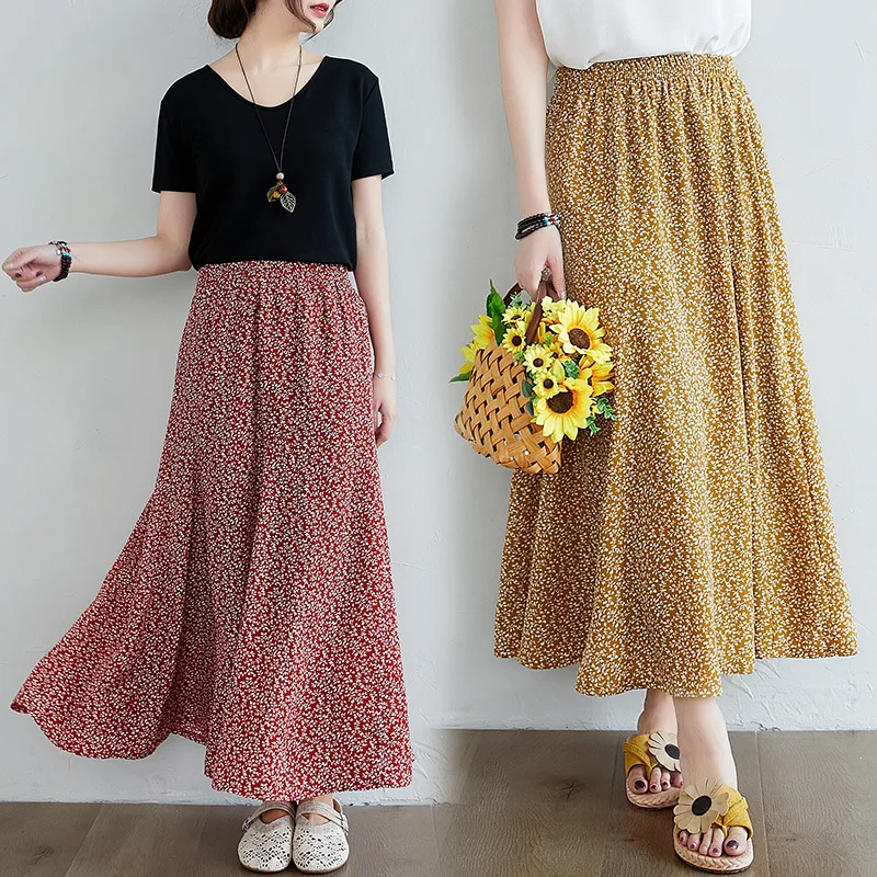 

2022 New Women Large Swing Skirts Korean Style Elastic High Waist Slim Floral Print Long Chiffon Skirt Faldas Mujer Moda