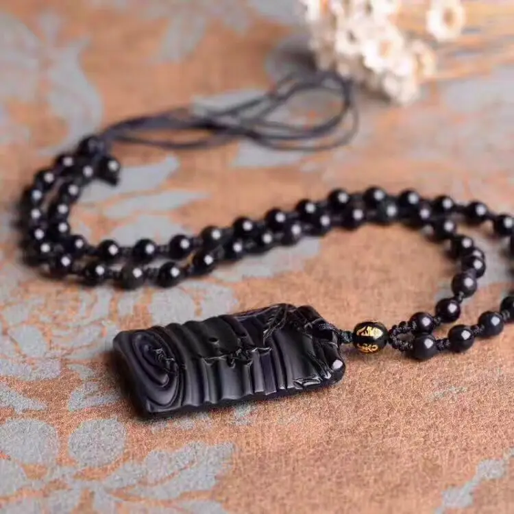 

LETSFUN Fine Jewelry Chinese Natural Obsidian Hand Carved Meditation Pattern Lucky Pendant+necklace Free Shipping