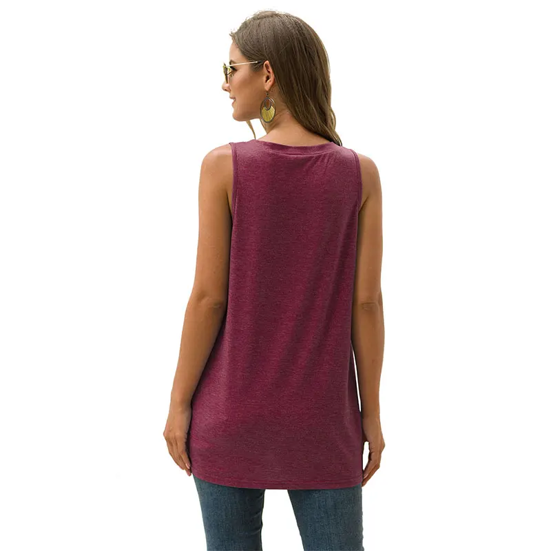 

Women's Summer Clothing Casual O-Neck Sleeveless Pleated Stitching T-shirt Solid Color Hem Cross Design Vest Top