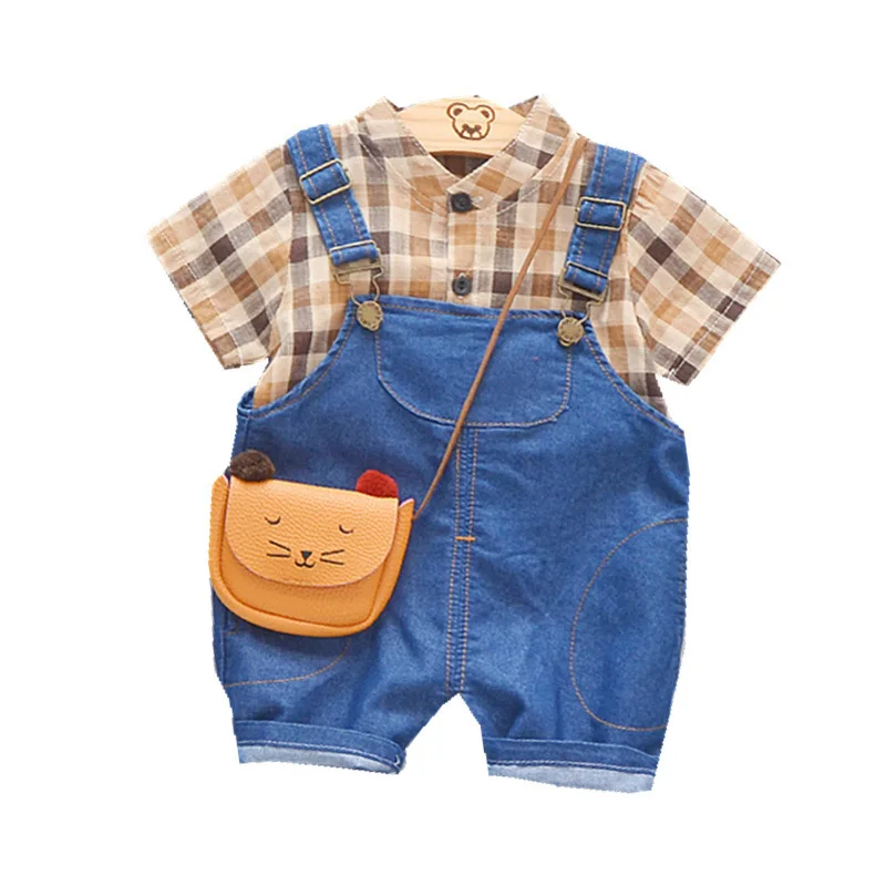 

Baby Boy Summer Clothes Children Fashion Plaid T Shirt Bib Pants 2pce/sets Kids Casual Garment Toddler Clothing Child Tracksuit