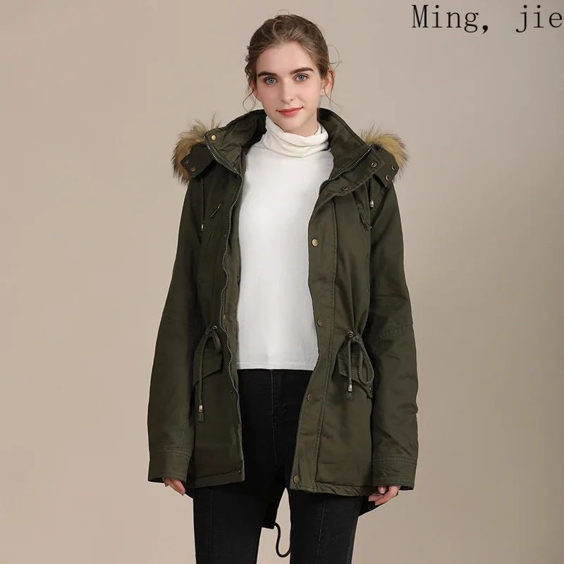 

2020 New European and American Mid-length Padded Jacket Women's Slim Jacket To Keep Warm Autumn and Winter Bubble Fur Collar