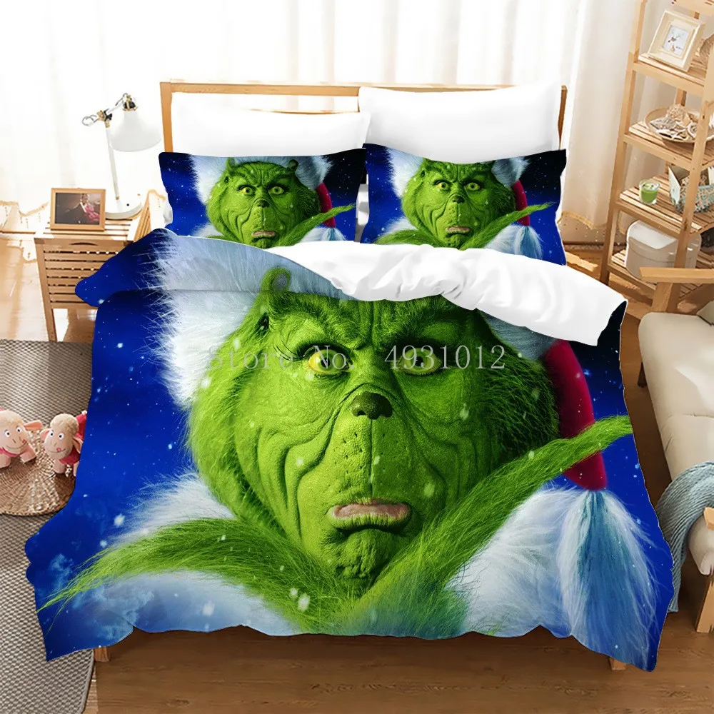 

Green Monster Grinch Cartoon Bedding Set Duvet Cover Pillowcases Comforter Cover Bed Linens Bedclothes Full Size Christmas Gifts