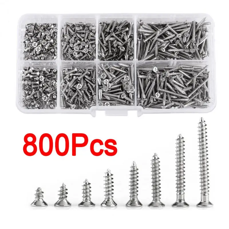 

800pcs Self Tapping Screw Set 304 Stainless Steel Cross Countersunk Head M2 4/5/6/8/10/12/16/20mm Nickel Plated Screws Tornillos