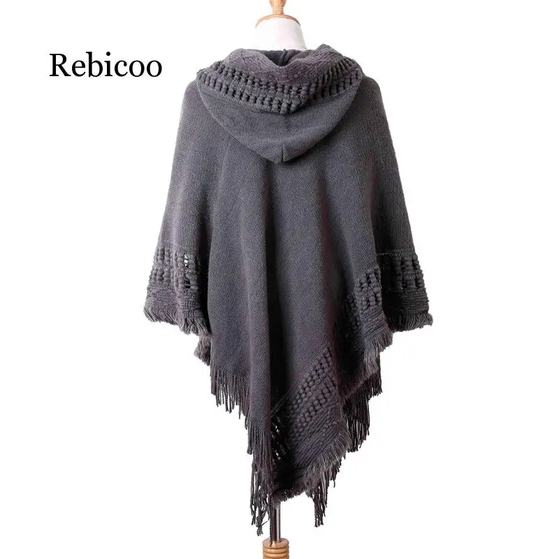 

2019 new female hooded solid color hollow tassels large size fat MM loose thin cloak shawl spot