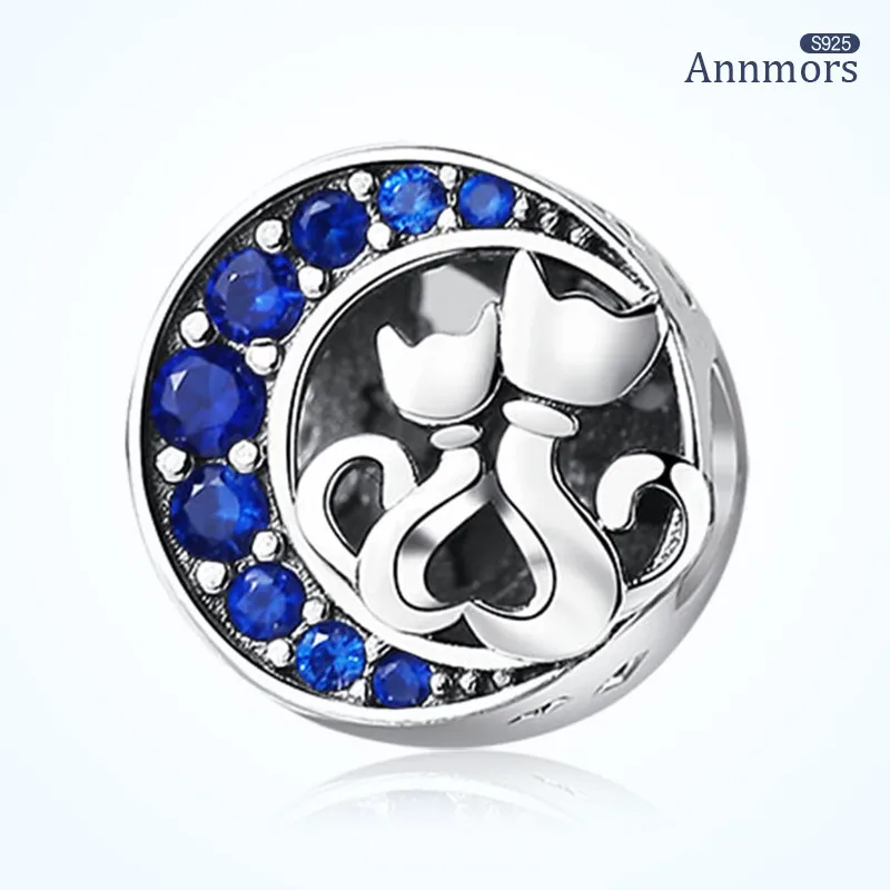 

Silver Plated Cat Sitting on The Moon In Love Blue Zircon Fits Pandora Bracelets Charms Round Jeweler Animal Pendant Charm