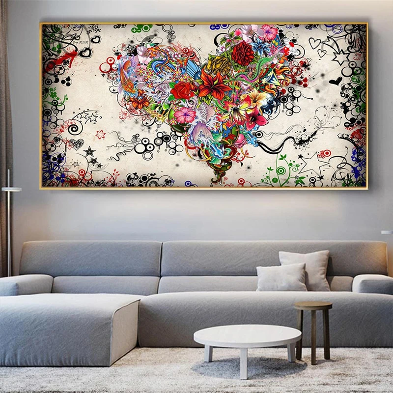 

Абстрактные красочные картины в форме сердца и цветов на холсте, искусство на стену, картины для гостиной, украшения дома