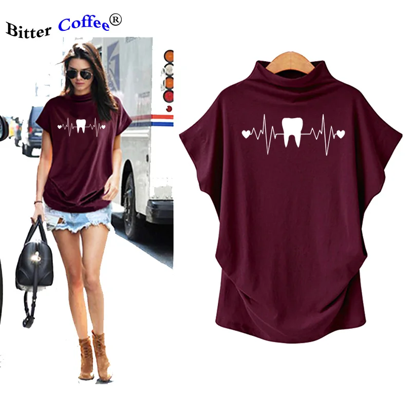 

Summer NEW Funny Tooth Teeth Dentist Heartbeat T-shirt Women Cotton Batwing Sleeve T Shirt Hip Hop Tees Tops Harajuku Plus Size