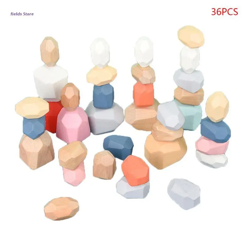 

36Pcs Children Wooden Colored Stone Stacking Game Building Block Educational Toy