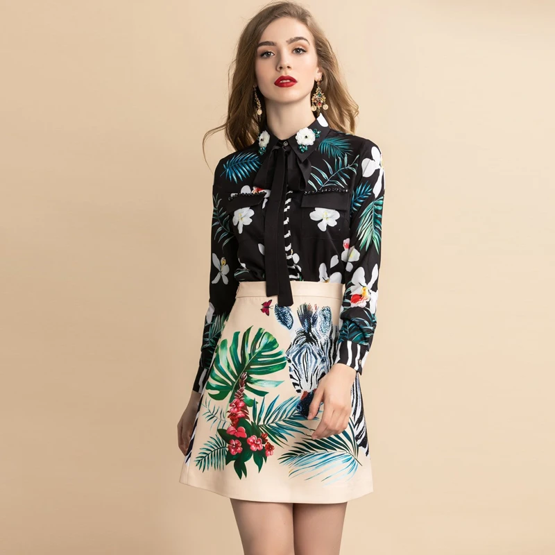 Red Roosarosee Designer Women 2 Piece Set Spring Summer Animal Print Sequins Long Sleeve Blouse Top+ Skirt Fashion Lady Suit