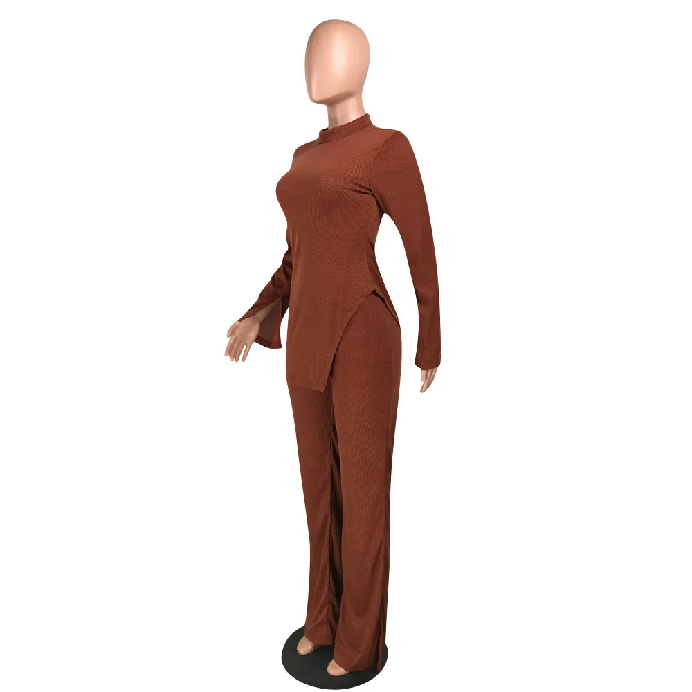 

Womens Elegant Two Piece Set Plus Size Solid Costumes Long Sleeve Ribbed Pullover Top and Split Wide Leg Pant Lounge Wear Suits
