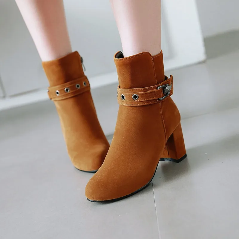 

2021 New Women's Booties Flock Side Zipper Round Toe High Heel Martin Boots Fashion Mature Women's Shoes 4 Colors Available