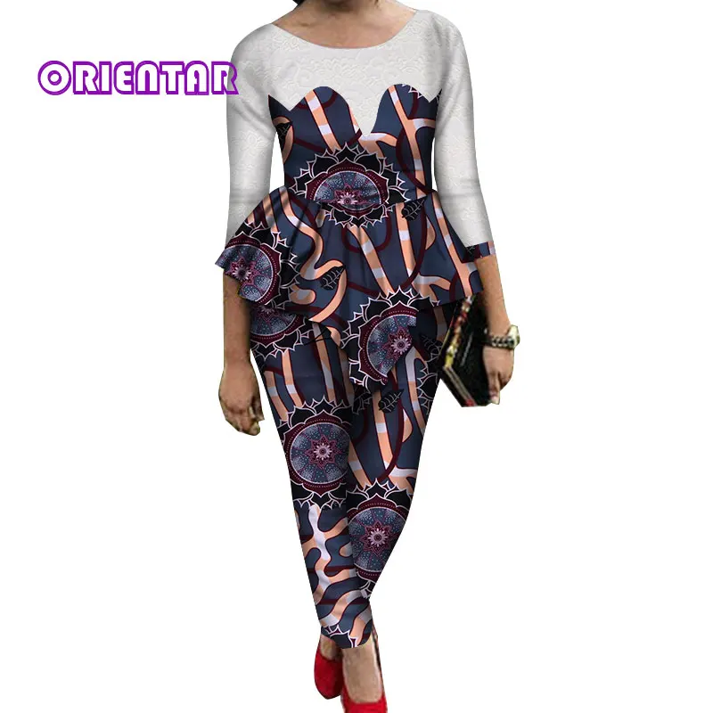 4 2 Pieces Sets Women African Pants Sets African Wax Print Long Sleeve Lace Tops and Pants Women Bazin Riche African Suits WY689 - Цвет: 4