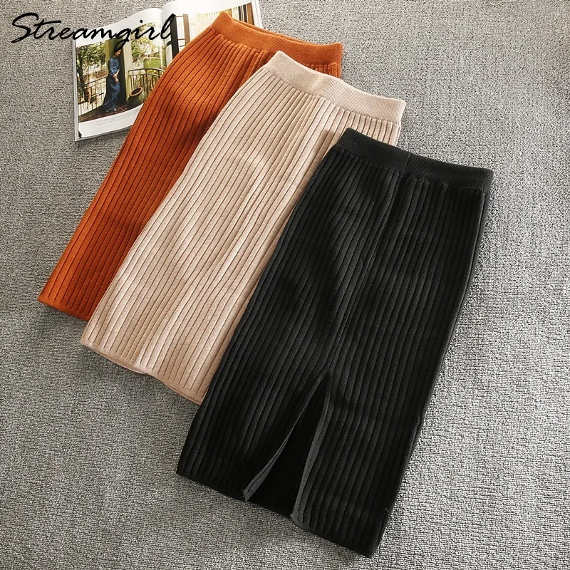 Зимние вязаные юбки, плотная Женская длинная юбка-карандаш с высокой талией, офисные длинные юбки, зима-осень, Теплая юбка, Женская длинная
