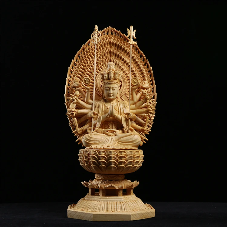 

Chinese Style Home Sculpture Buddhist Temple Decoration Solid Wood Carved Cypress Wood Buddha Statue Thousand Hand Guanyin