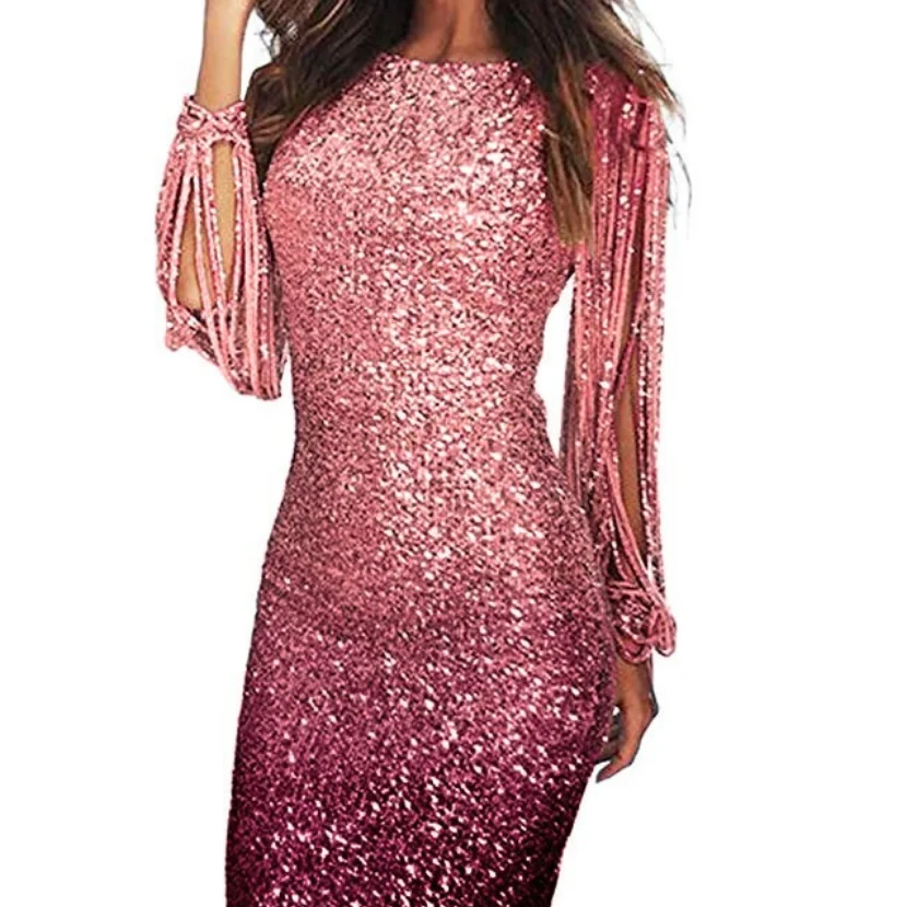 

Ladies Evening Dress Black Fringe Long Sleeve Gradient Color Sequin Evening Round Neck Dress Pencil Skirt