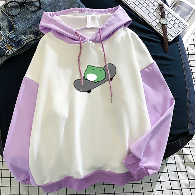 

New Casual Hoodie Stitching Color Loose O Neck Pullover For Women Streetwear Fashion Women Skateboard Frog Cartoon Sweatshirts
