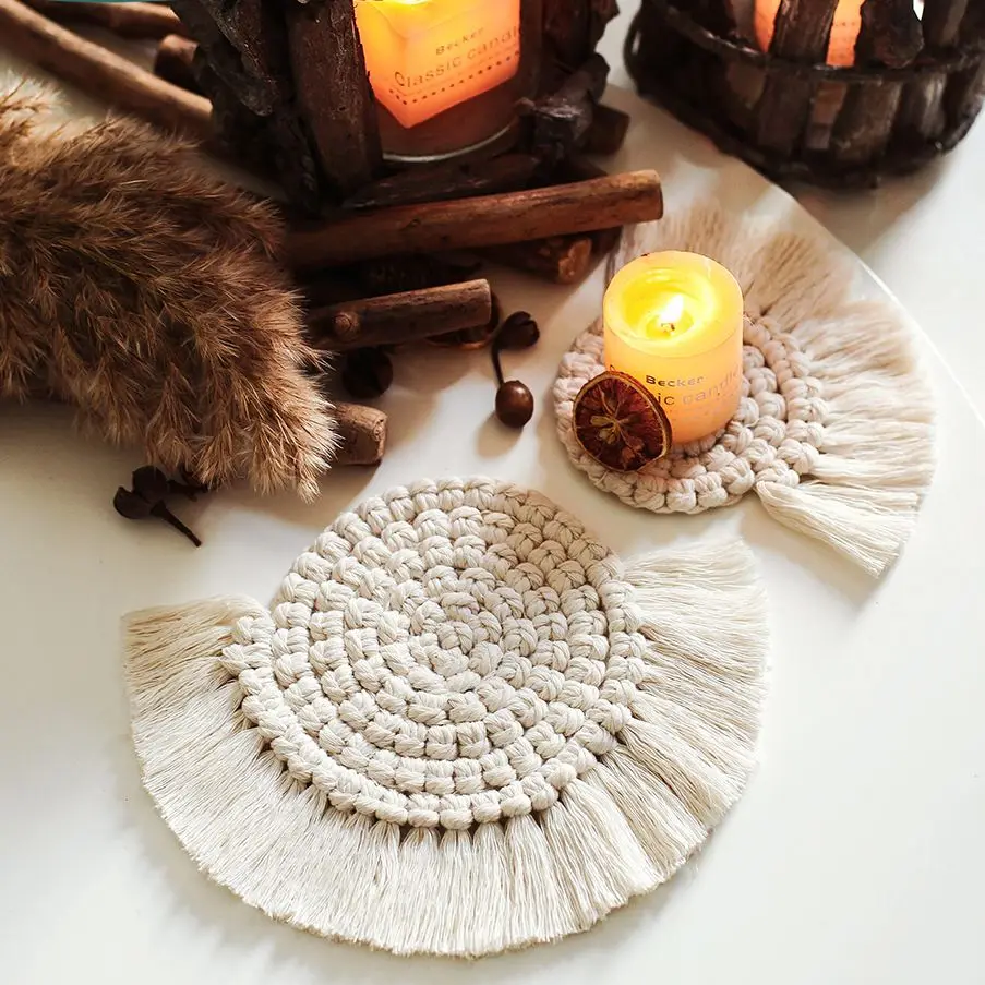 

Hand-woven Nordic style cotton rope tassels round square heart-shaped non-slip insulation bowl mat placemat coaster Home decor