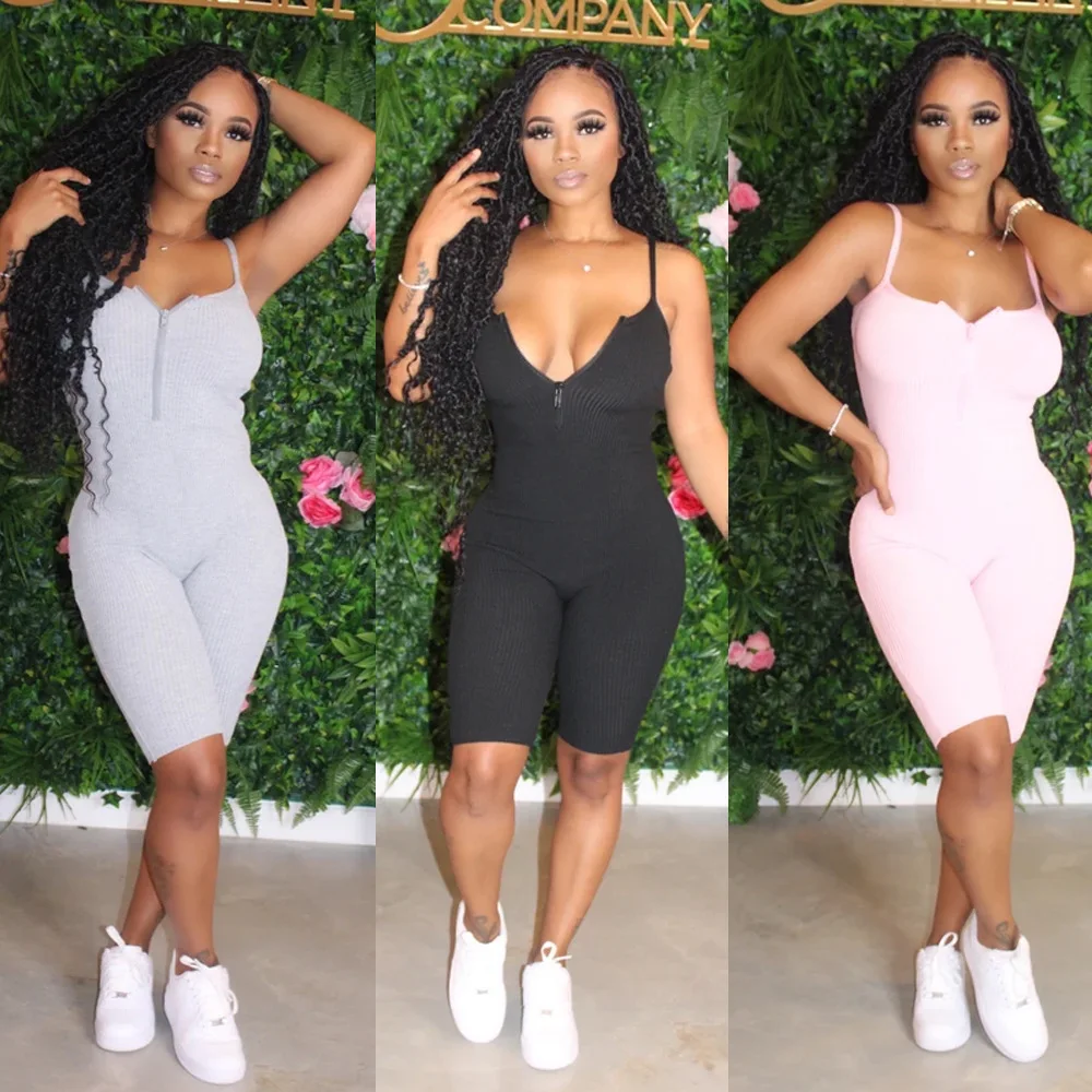 Модный комбинезон боди на молнии спереди женский летний короткий без рукавов