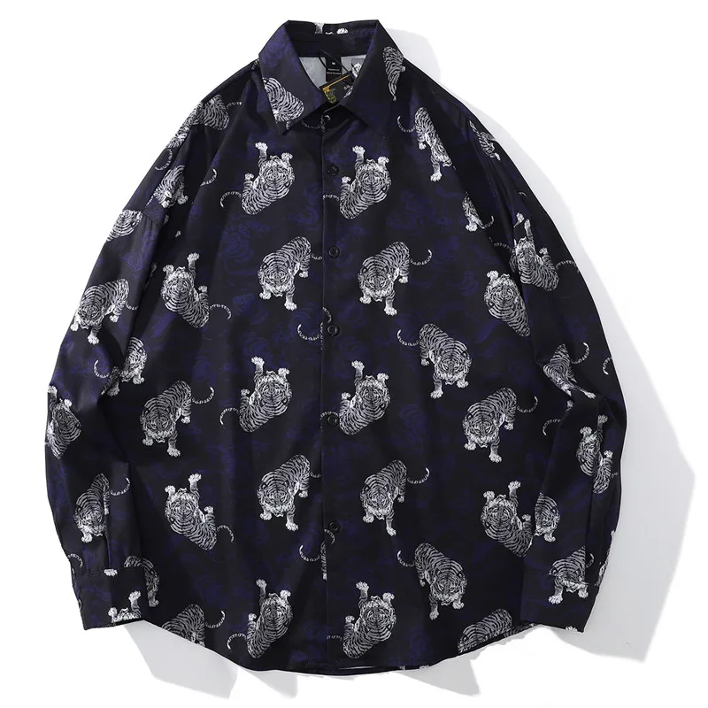 

Full Tiger Printed Shirts Men Loose Long Sleeve Button Up Hip Hop Streetwear Fashion Korean Autumn Harajuku Punk Rock Shirts