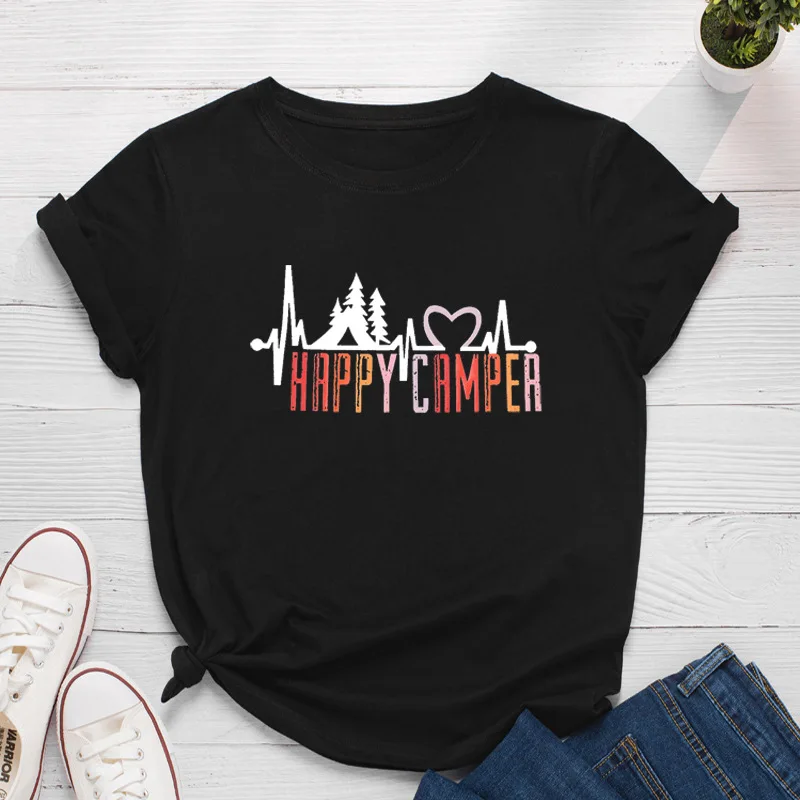 

Happy Camper Electrocardiogram Print Women T Shirt Short Sleeve O Neck Loose Women Tshirt Ladies Tee Shirt Tops Camisetas Mujer