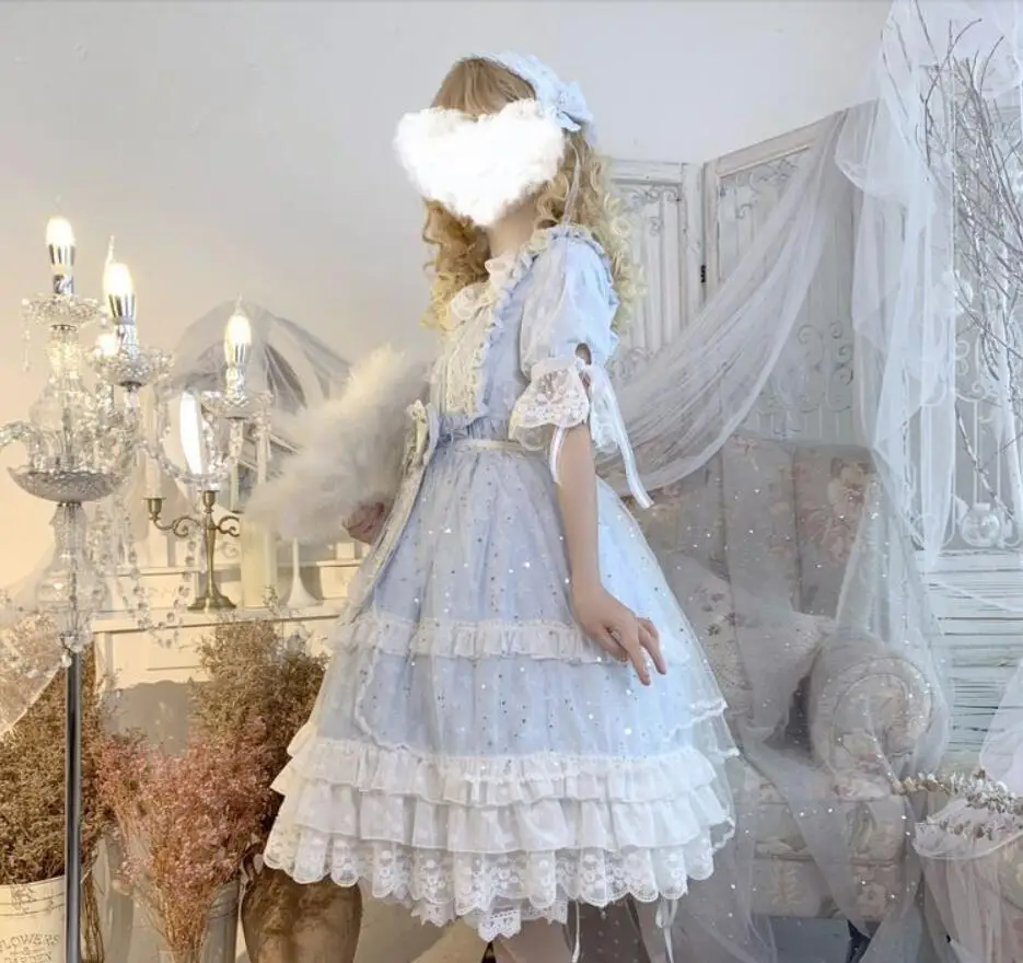 Ретро готический дворец Лолита op лоли cos сладкий платье в стиле «Лолита» летние kawaii для девочек свежий кружевной бант с О-образным вырезом платье в викторианском стиле