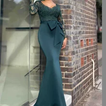 Laço retalhos vestidos de manga longa elegante sólido maxi vestido com decote em v bowknot decoração casual vestido versátil temperamento (2)