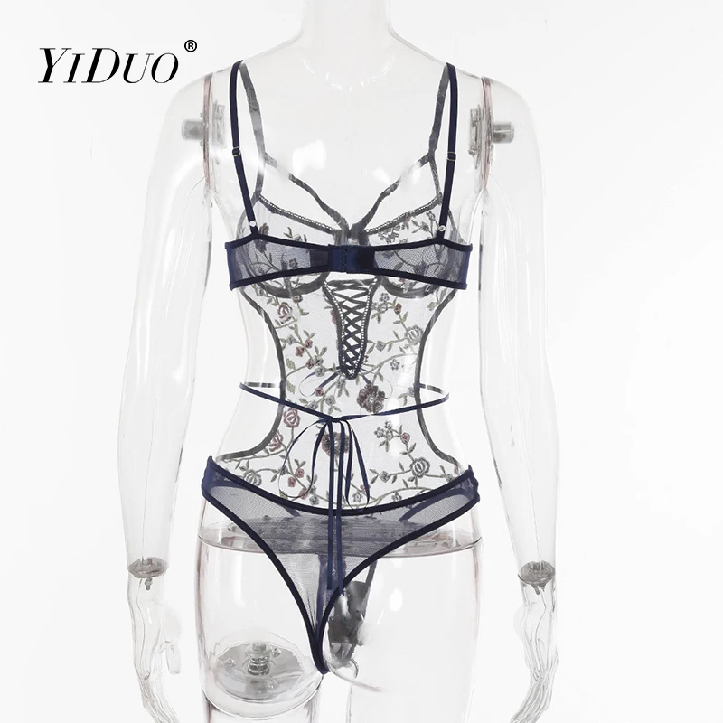 

YiDuo Slim Hollow Out Floral Embroidery Bandage Bodysuit Women Transparent Lace Bodysuit Intimate Hot Female Blue Sexy Body Club