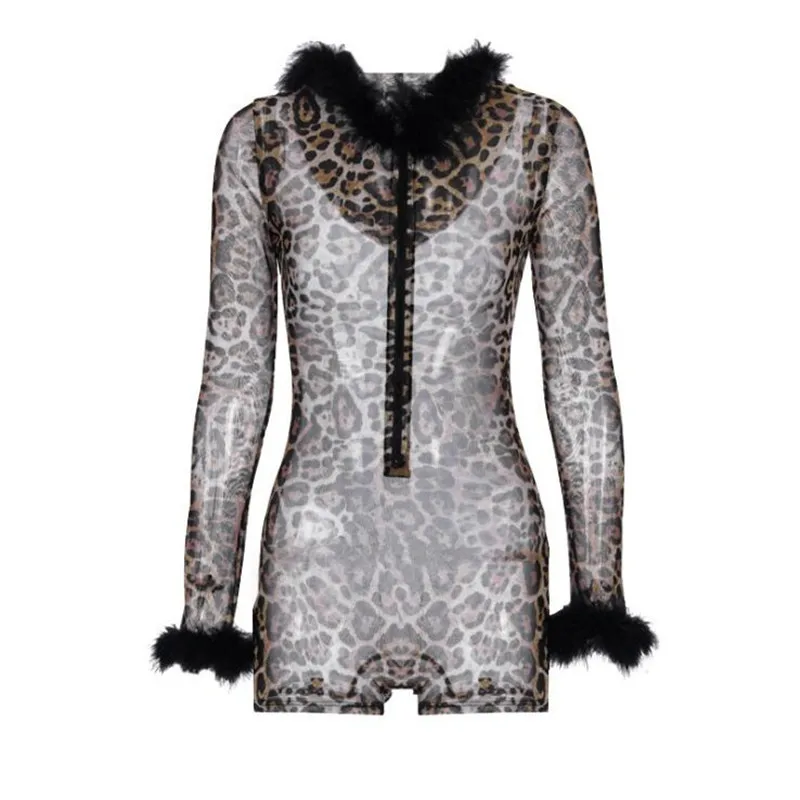 

Leopard Print Mesh Hooded Playsuit with Faux Fur Front Zipper Long Sleeve Shorts Jumpsuits Sexy See Through Night Club Rompers