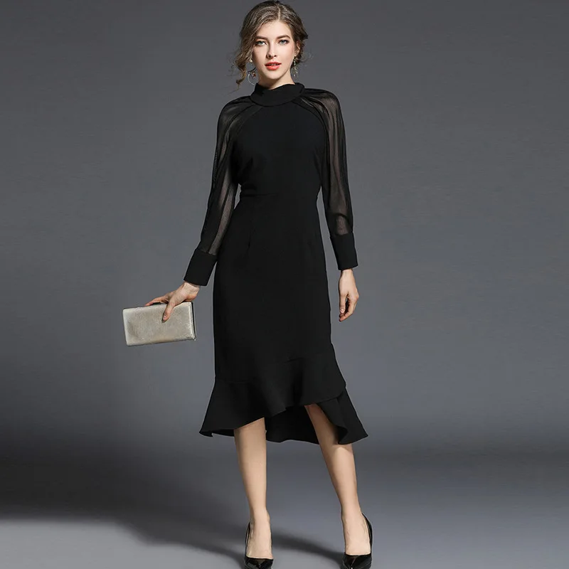 

LARCI 2021 Autumn Women 's Dress Stylish Temperament Long Sleeves Fishtail Slim Mid-Length Dress Party Banquet Commuter