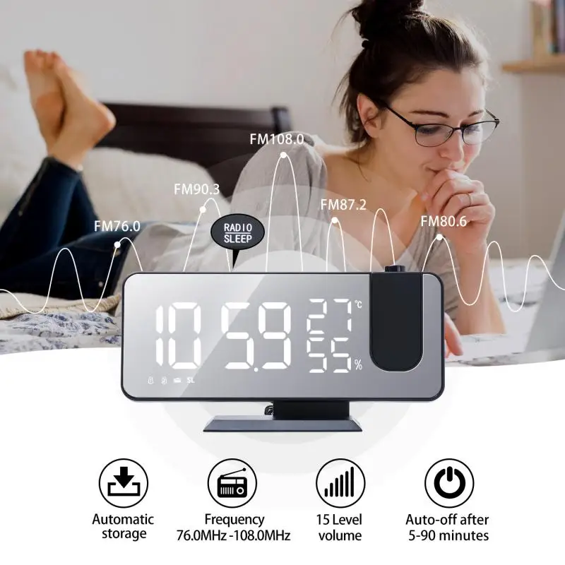 

USB LED Digital Alarm Clock Radio Projection With Temperature And Humidity Mirror Clock Multifunctional Bedside Time Display Hot