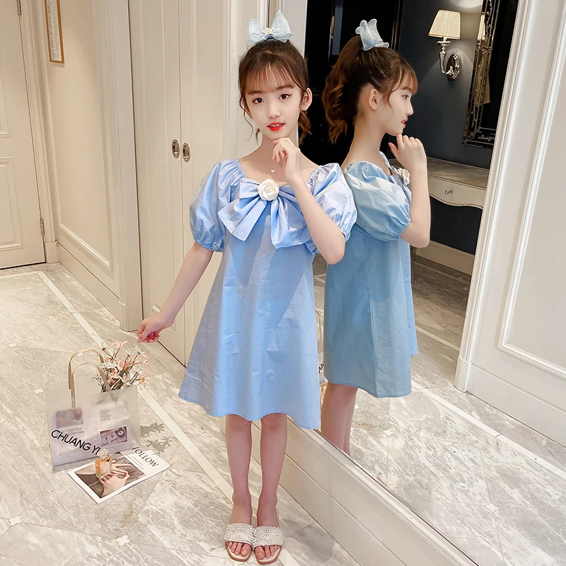 

Girls solid color dress fashion princess summer dress casual cute children's bow dress 8-14 birthday party clothing direct sales