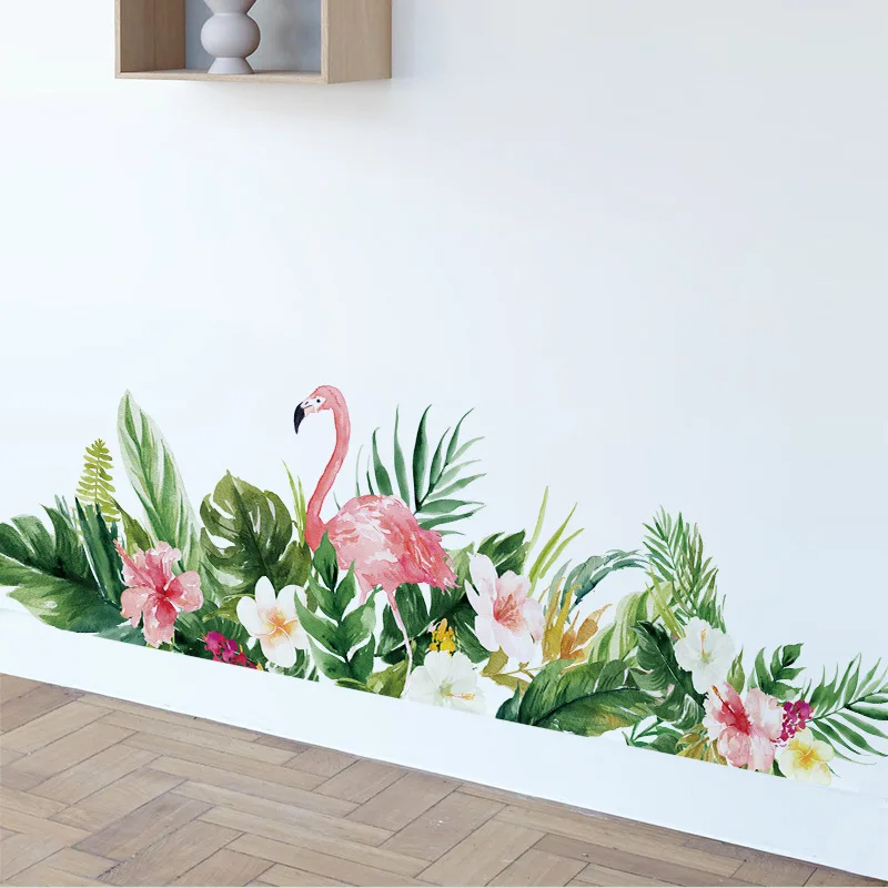 Flamingo baseboard Wall stickers for living room bedroom wall decor flower leaf vinyl decals home decoration art murals | Дом и сад