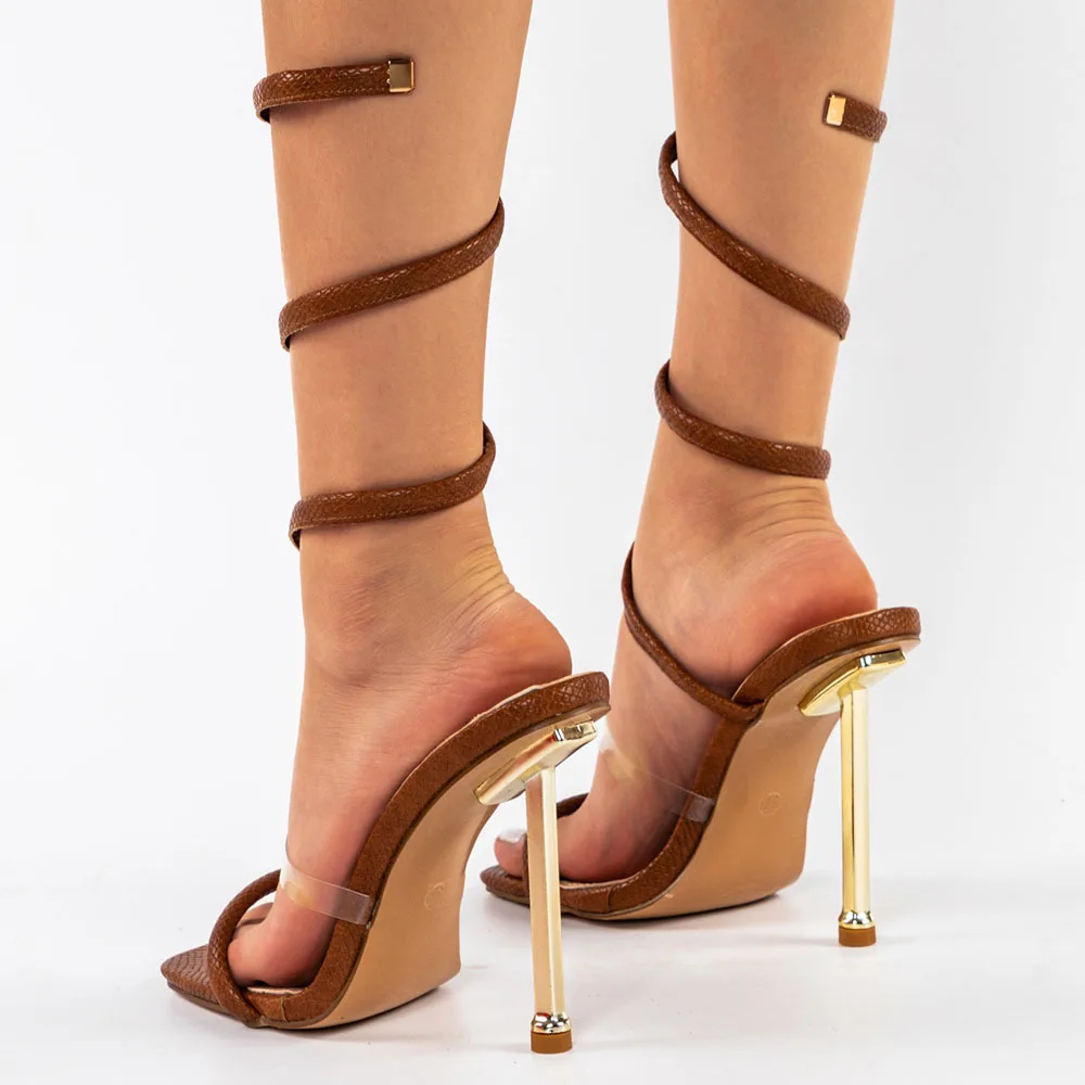 Женские босоножки на очень высоком каблуке 11 см пикантные сандалии со змеиным