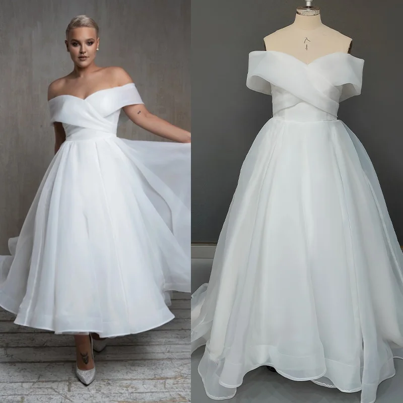 

Женское свадебное платье с открытыми плечами, без рукавов, трапециевидного силуэта, до щиколотки, из органзы, с оборками и открытой спиной, ...