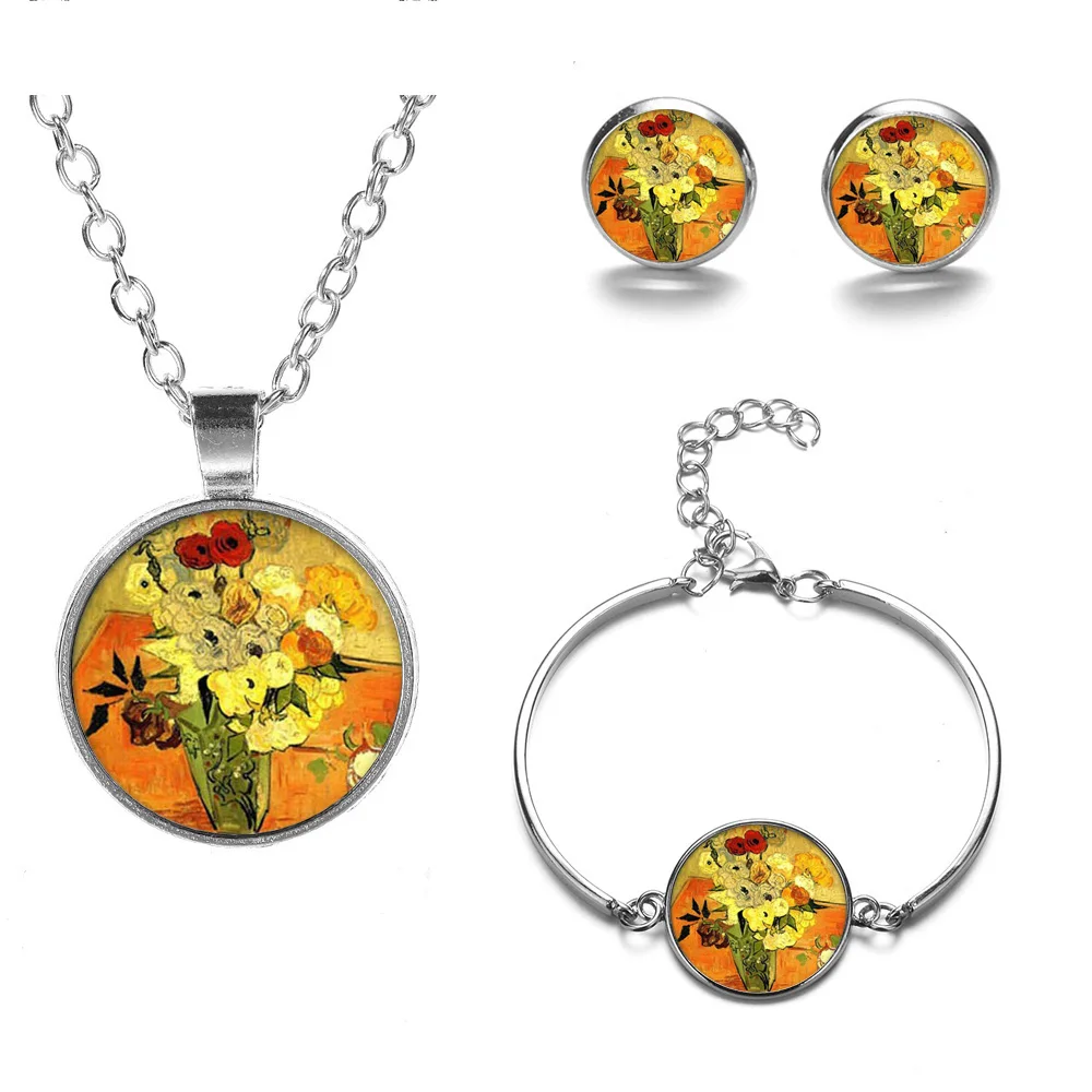 Classic Van Gogh The Starry Night Jewelry Sets Sunflower Art Photo Glass Pendant Necklace Earrings Bracelet Set For Women Gifts | Украшения