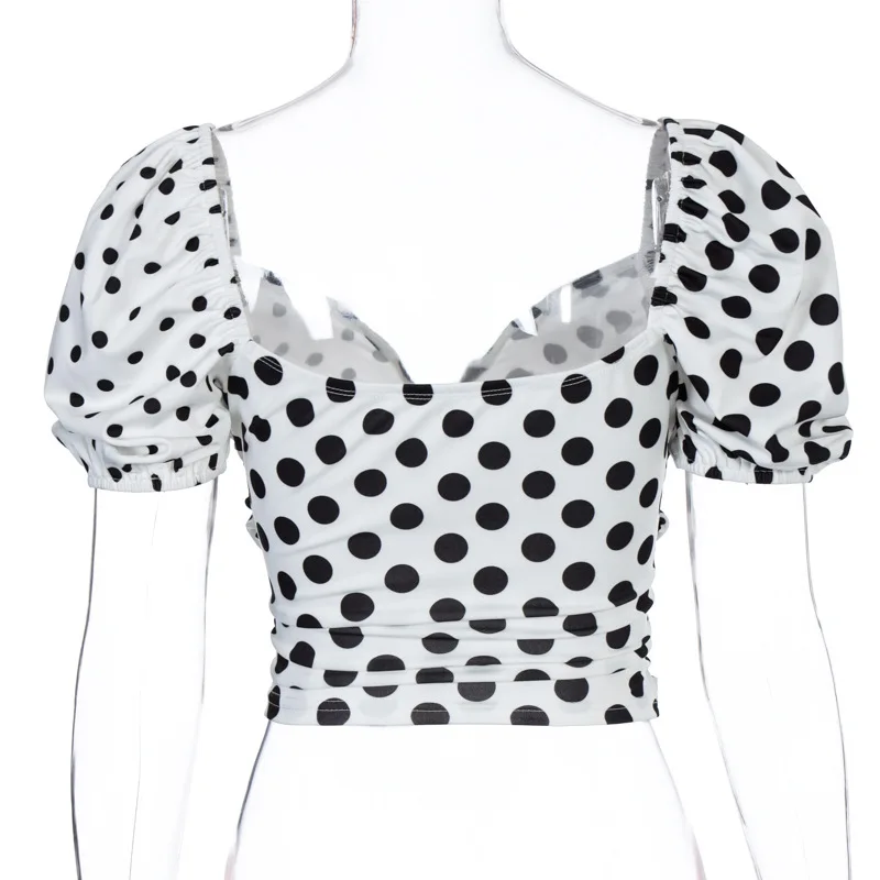 

Casual woman blouse polka dot crop top off shoulder women shirts short sleeve sexy V-neck bodycon tops summer ZA style blusas