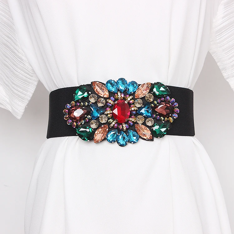 

Multicolors White Flower Rhinestone Decorated Waist Belts For Women HIgh Elastic Crystal Gem Elastic Waistband Summer Dress Belt