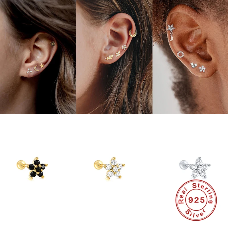 1Pair 925 Sterling Silver Black Zircon Stud Earrings for Women Piercing 2020 Simple Gold Rose Cartilage | Украшения и аксессуары