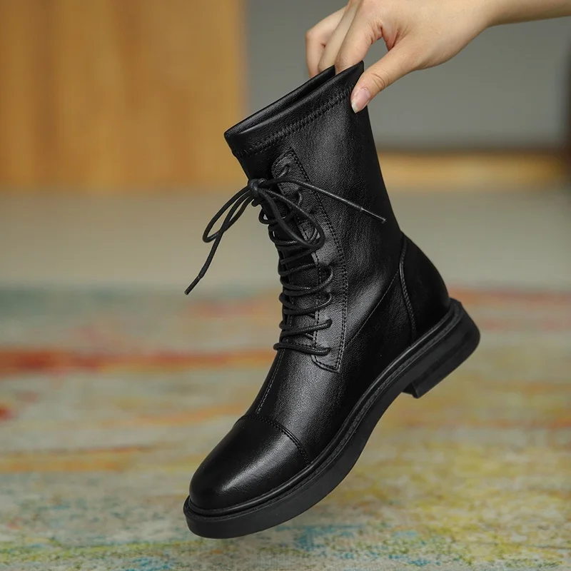 

Women Ankle Boots Black Lace up Chunky Med Square Heel Platform Shoes 2020 New Autumn Winter Casual Shoes Woman Riding Boots 42