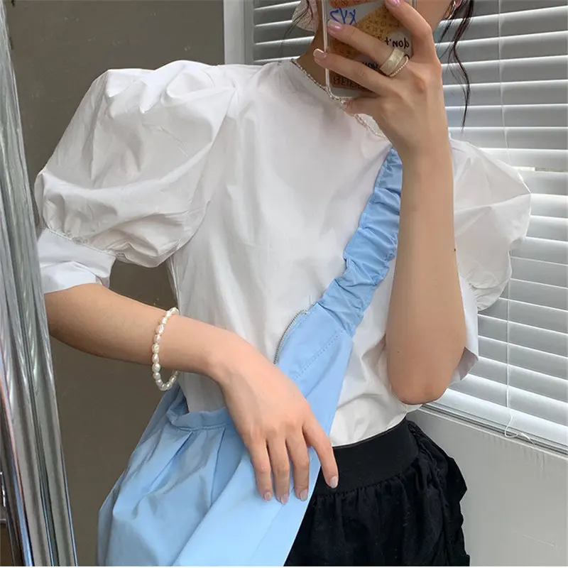 

HziriP New Arrival Elegance Sweet All Match Loose Puff Sleeves Chic Summer Short Sleeves Brief Casual Office Lady Solid Shirt