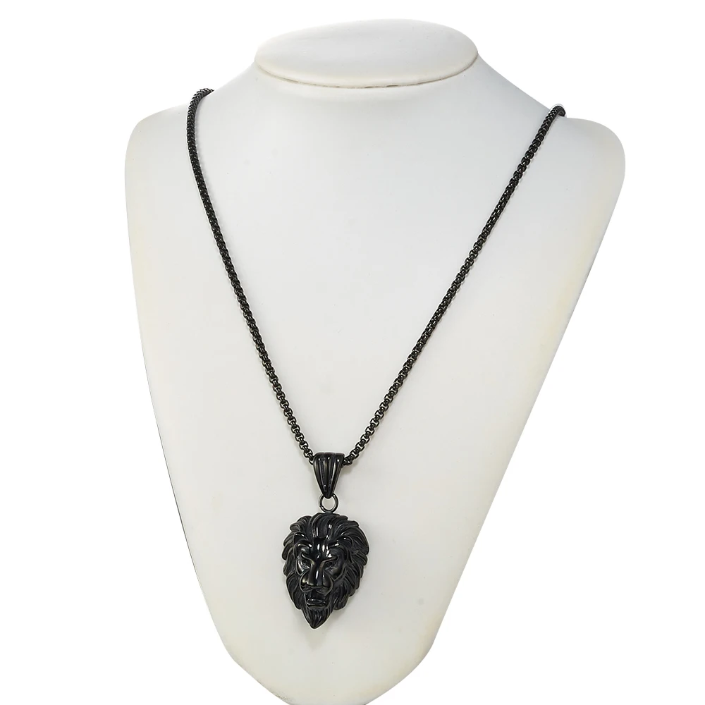 

New Arrive 316L Stainless Steel Black Lion Head Animal Pendant Punk Men's Women's Hyperbole Jewelry With Free Box Link Chain