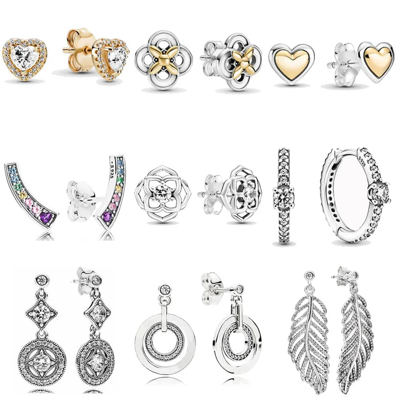 

925 пробы серебряные лепестки роз куполообразные Золотые сердца фирменные круги эффектные перья серьги для женщин DIY Ювелирные изделия pandora