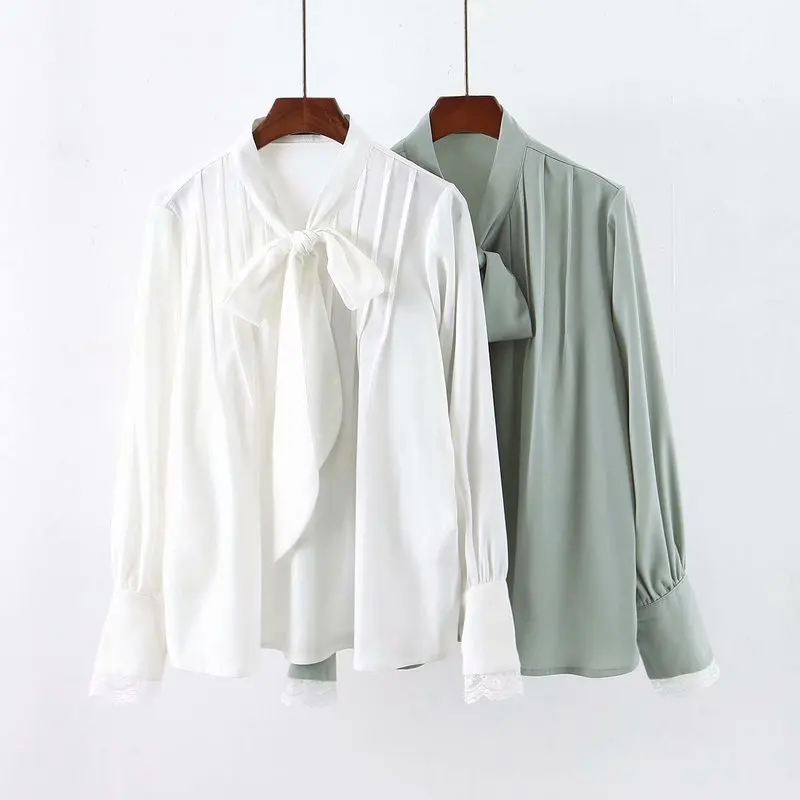 

Женская шифоновая блузка, повседневная Однотонная рубашка с кружевными рукавами и галстуком, 2020