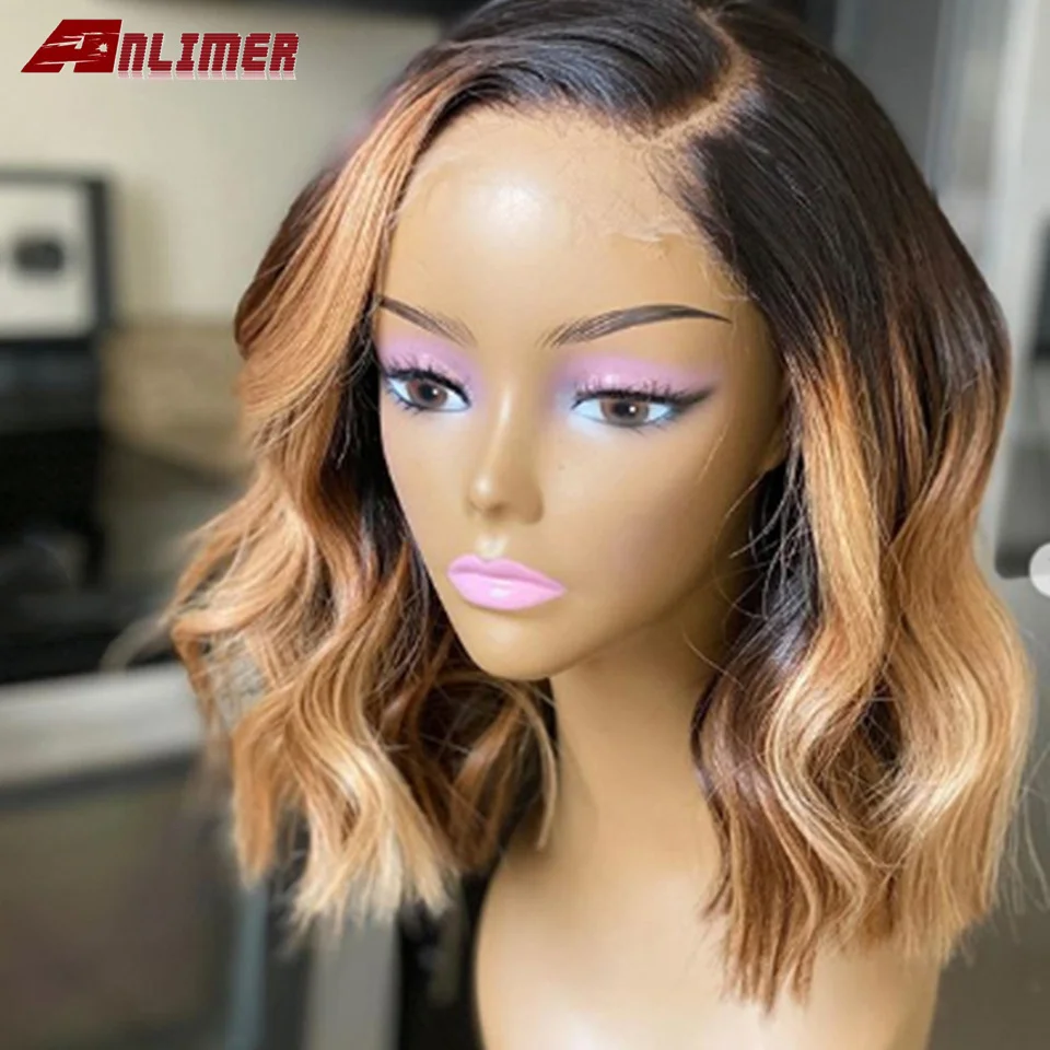 Anlimer Ombre медовый блонд короткие волнистые 360 кружевные передние al человеческие