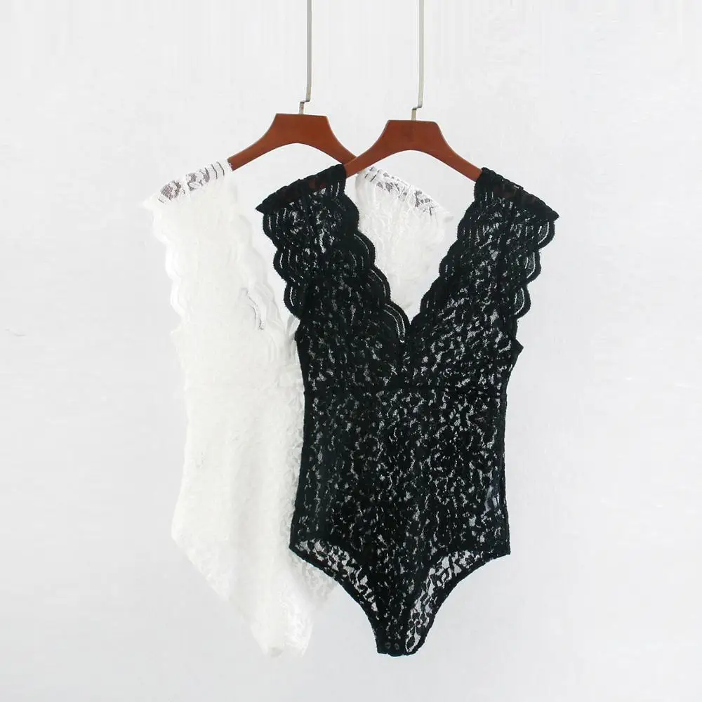 

YNZZU 2020 New Women's Fashion Sexy Lace Playsuit V Neck Hollow Out Skinny Elastic Bodysuit Ladies Slim One Piece Overalls AJ060