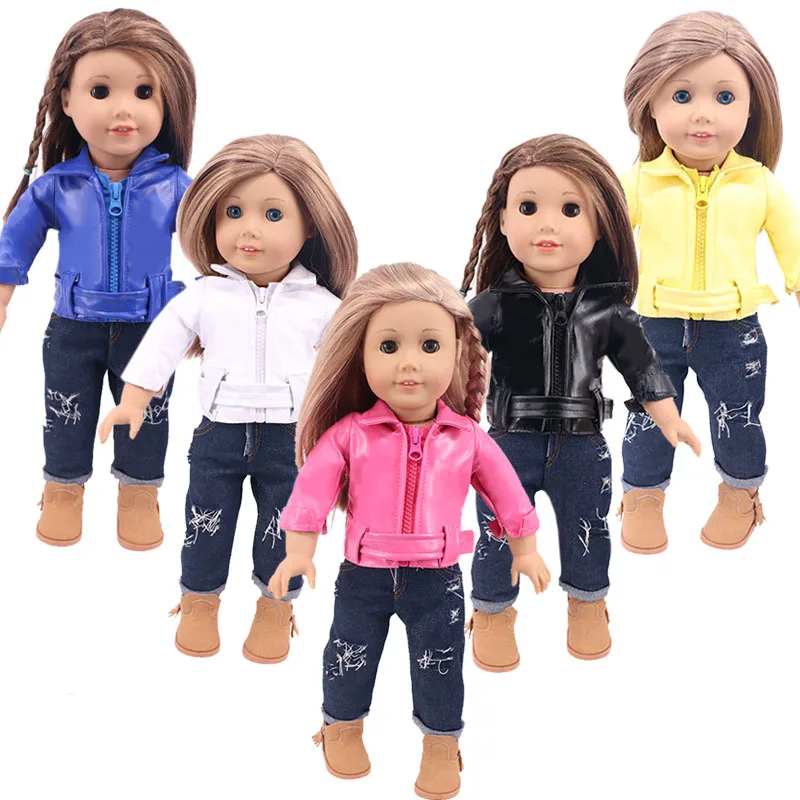 

2021 New Baby New Born Fit 18 inch Doll Clothes Accessories Red Black Red Yellow White Leather Clothes For Baby Birthday Gift